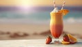 Close up of smoothie frappe fruits juice with other fruits, strawberries, orange, pineapple, sorbet, and peach on wooden table at Royalty Free Stock Photo