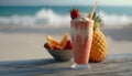 Close up of smoothie frappe fruits juice with other fruits, strawberries, orange, pineapple, sorbet, and peach on wooden table at Royalty Free Stock Photo