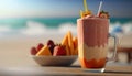 Close up of smoothie frappe fruits juice with other fruits, strawberries, orange, pineapple, sorbet, and peach on wooden table at Royalty Free Stock Photo