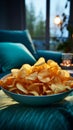 Close up of snack chips on a coffee table, within a serene, blue toned living space