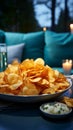 Close up of snack chips on a coffee table, within a serene, blue toned living space