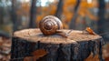 Close up of snail crawling on wooden stump in forest, time lapse movement accelerated