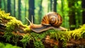 Close-up of a Snail with Shell above a Tree Trunk in the Forest - Generative Ai Royalty Free Stock Photo