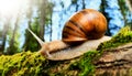 Close-up of a Snail with Shell above a Tree Trunk in the Forest - Generative Ai Royalty Free Stock Photo