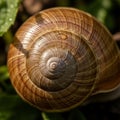 Close-up of a snail shell displays its intricate spiral pattern. The shell features shades Royalty Free Stock Photo