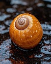 Close-up of a snail shell with water droplets.