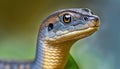 a close up of a snake on a green leaf with a blurry background Royalty Free Stock Photo