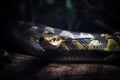 A Close Up Of A Snake On A Tree Branch In A Dark Room With A Blurry Background Of Leaves And Branches In The Foreground