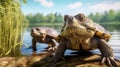 close-up of Snapping turtles by the lake