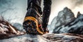 Close up sneaker climber climbing up a beautiful mountain on winter season with snow. Generative AI