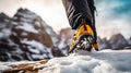 Close up sneaker climber climbing up a beautiful mountain on winter season with snow. Generative AI