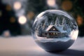 Close-up of a snow ball with a little house in it Royalty Free Stock Photo