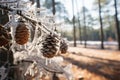 Close up of snow covered evergreen branch in a tranquil forest setting with soft winter light Royalty Free Stock Photo