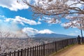 Close-up snow covered Mount Fuji Mt. Fuji with clear dark blue sky background in sakura cherry blossoms