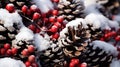 A close-up of snow-covered pinecones