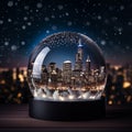 Close up of a snow globe with a cityscape of downtown Chicago with bokeh effect. City at night with snow