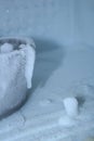 close up snow in the kitchen for background texture and ice