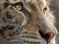 Close-up of a snow leopard, blurred background suggesting falling snow, distinct fur pattern, large round eye, visible Royalty Free Stock Photo