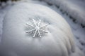 Close-up of a snowflake on a garden gnome