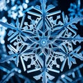 A close-up of a snowflake with intricate ice crystal patterns.