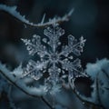 a close up of a snowflake on a tree branch