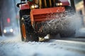 Close-up of a snowplow in action on a city street, capturing the essence of winter maintenance work Royalty Free Stock Photo