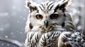 Close up of a snowy owl with an orange eye in its beak Royalty Free Stock Photo