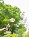 Close up Soap bubbles floating in the garden park. Royalty Free Stock Photo