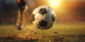 Close-up of a soccer ball being kicked on a muddy field at dusk