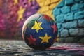 A close-up of a soccer ball with a unique star pattern resting on a grass field at sunset, symbolizing competition and sport Royalty Free Stock Photo