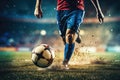 Close up soccer player foot playing with ball in stadium. Generative AI Royalty Free Stock Photo