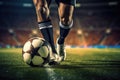 Close up soccer player foot playing with ball in stadium. Generative AI Royalty Free Stock Photo