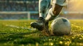 Close-up of a soccer players foot in cleats kicking a soccer ball during a match