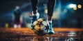 Close up of a soccer striker ready to kicks the ball at the stadium Royalty Free Stock Photo