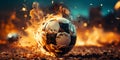 Close up of a soccer striker ready to kicks a fiery ball at the stadium Royalty Free Stock Photo