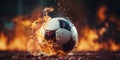 Close up of a soccer striker ready to kicks a fiery ball at the stadium Royalty Free Stock Photo