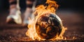 Close up of a soccer striker ready to kicks a fiery ball at the stadium Royalty Free Stock Photo