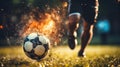 Close up of a soccer striker ready to kicks a fiery ball at the stadium Royalty Free Stock Photo