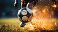 Close up of a soccer striker ready to kicks a fiery ball at the stadium Royalty Free Stock Photo