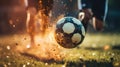 Close up of a soccer striker ready to kicks a fiery ball at the stadium Royalty Free Stock Photo