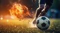 Close up of a soccer striker ready to kicks a fiery ball at the stadium Royalty Free Stock Photo