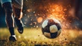 Close up of a soccer striker ready to kicks a fiery ball at the stadium Royalty Free Stock Photo