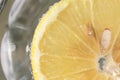 Close-up soda water with slice of lemon in glass. Detox healthy drink concept, top view. Macro