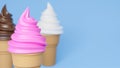 Close up Soft serve ice cream of strawberry, vanilla and chocolate flavours on crispy cone on blue background.,3d model and