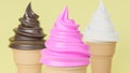 Close up Soft serve ice cream of strawberry, vanilla and chocolate flavours on crispy cone on yellow background.,3d model and