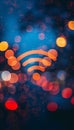 Close up of softly blurred lights with wi fi icon symbolizing iot and cloud technology connection Royalty Free Stock Photo