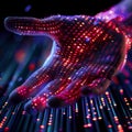 Close up of a software developer hand touching a digital data flow with binary code Royalty Free Stock Photo