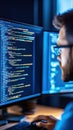 Close-up of a Software Developer Programming with Multiple Screens Displaying Lines of Code in a Dark Modern Office Royalty Free Stock Photo