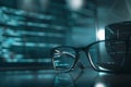 Closeup of a software developers screen showing complex code with glasses and a cup of coffee in the foreground