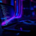 Programmer Coding on Laptop with Neon Data Flow and Artificial Intelligence Technology Concept Royalty Free Stock Photo